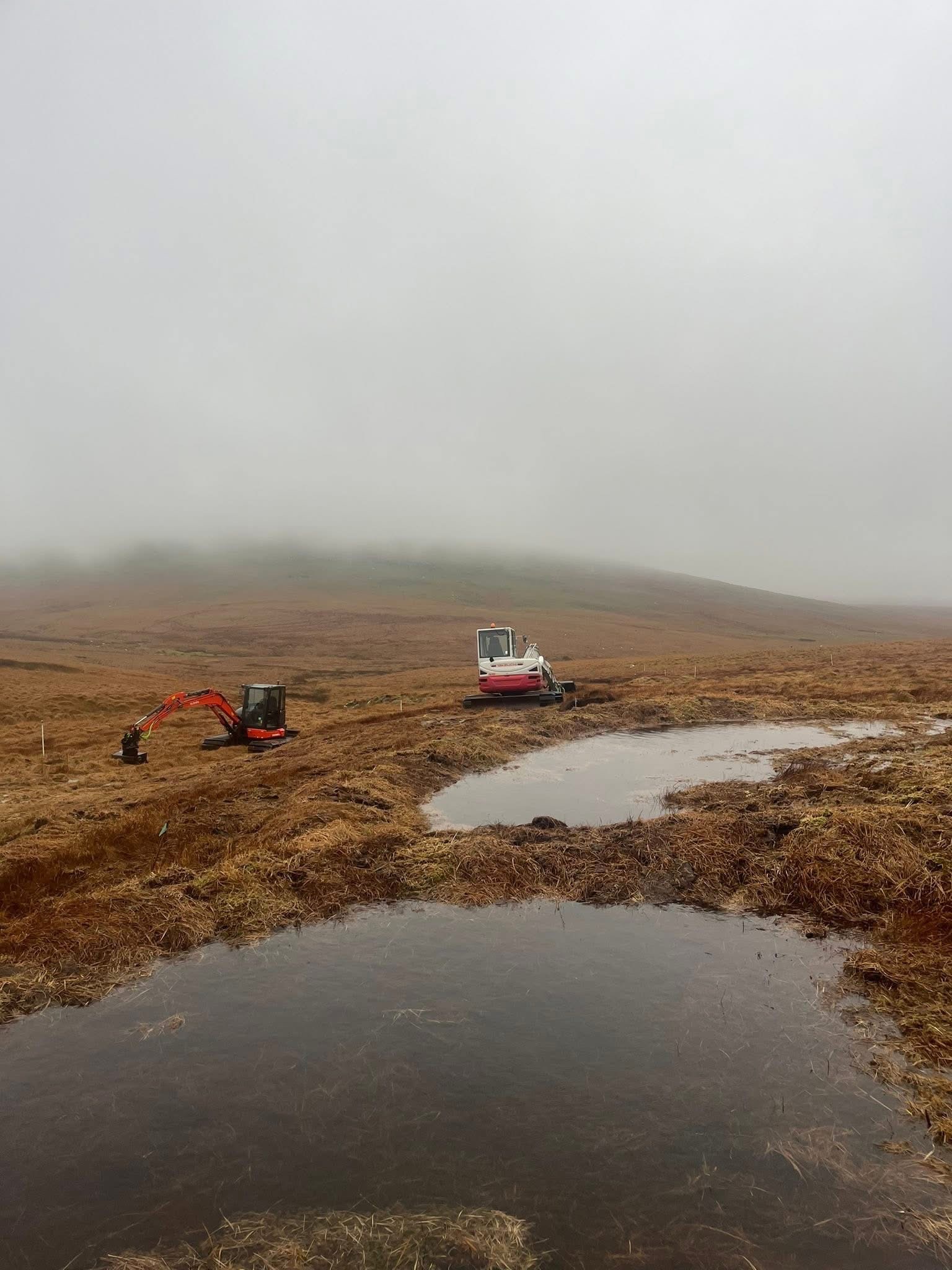 Peatland restoration work showing rewetted pool on Dartmoor