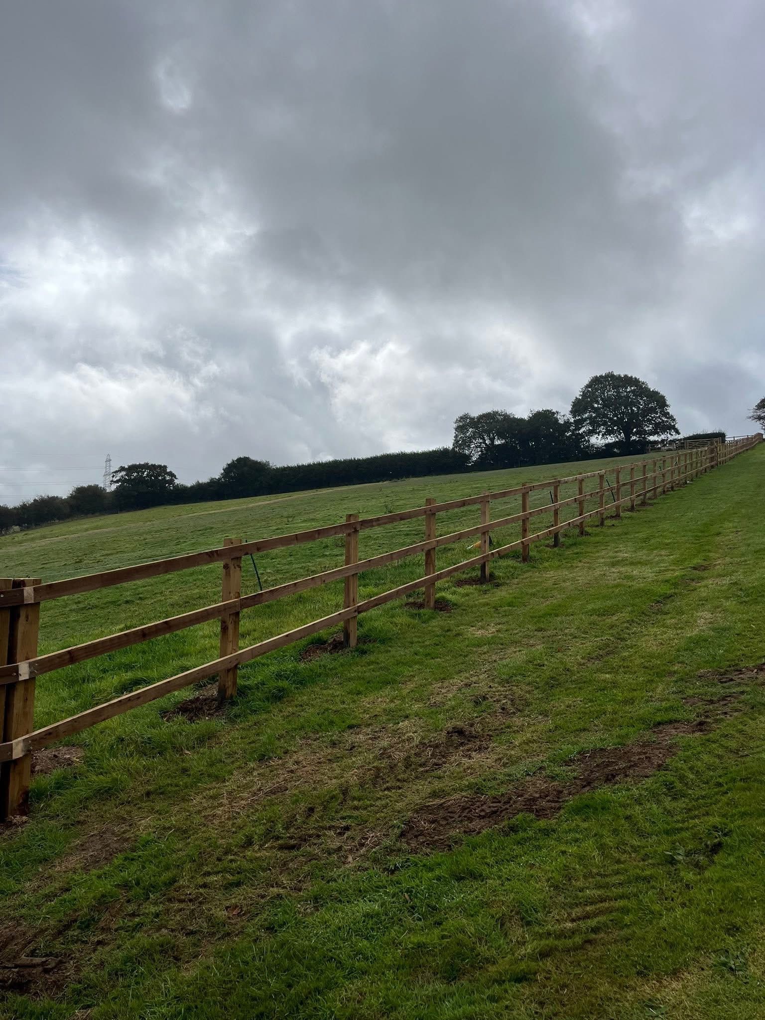 Post and rail fencing run along a country lane in the West Country