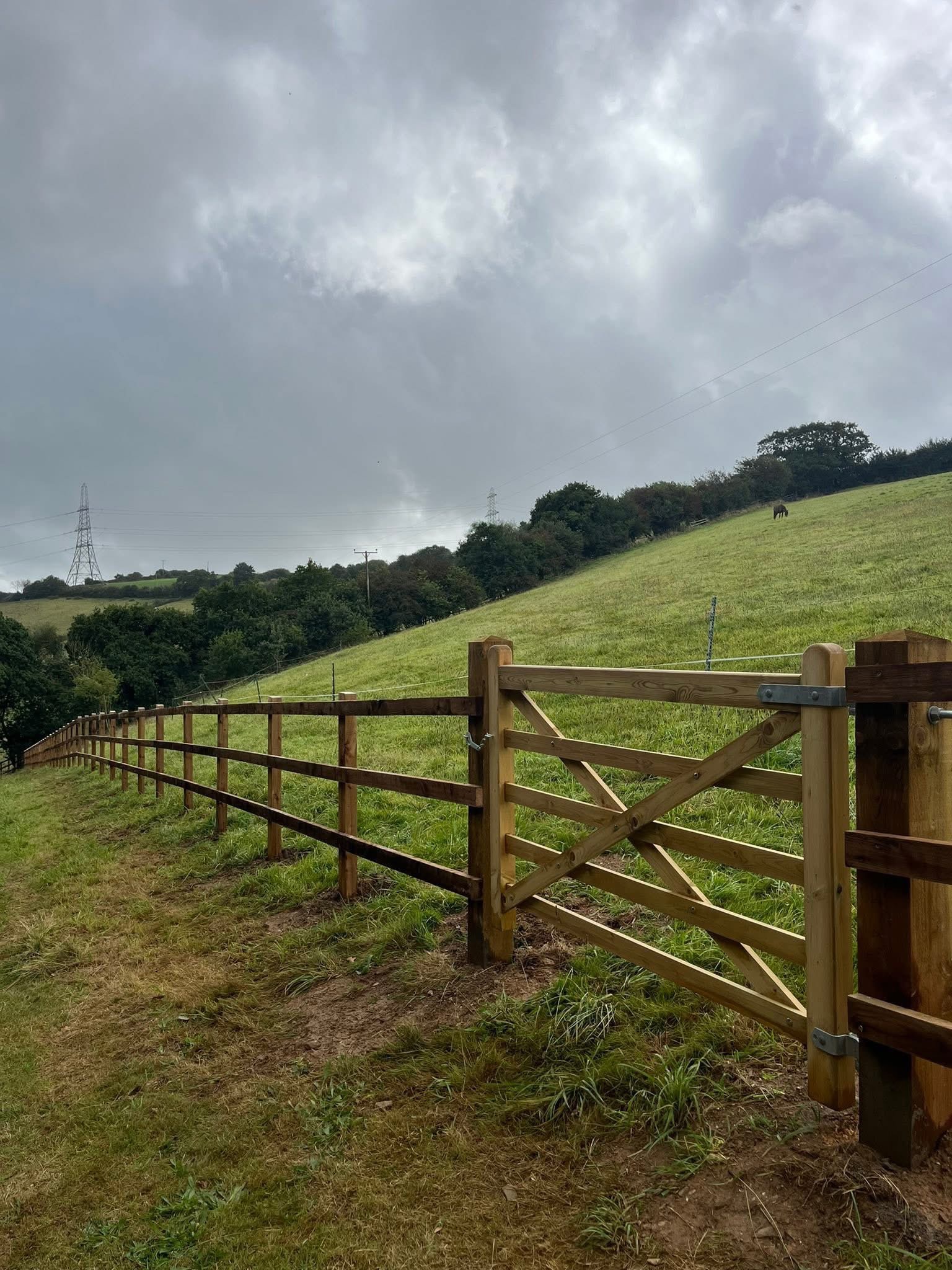 Completed post and rail fencing with matching gate at field entrance